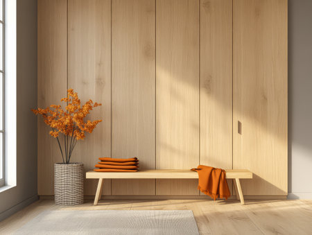 A modern entryway showcases a wooden bench with neatly folded orange blankets a decorative vase with orange flowers and soft natural light streaming through a large window.の素材