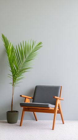 A stylish chair with a gray cushion sits next to a potted palm plant in a simple minimalist interior. The soft wall color enhances the modern design of the space.の素材