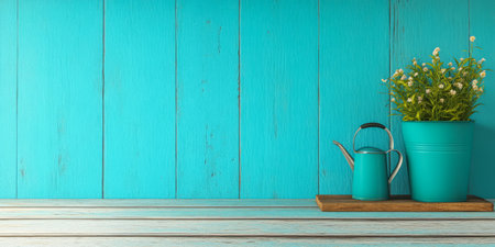 A vibrant turquoise background sets off a small watering can beside a potted plant adding a fresh touch to the wooden table. This setup creates a cheerful and inviting atmosphere.の素材