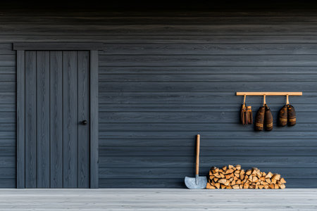 A wooden deck features neatly stacked firewood and hand tools hanging on a wall. A simple door complements the rustic aesthetic creating a cozy outdoor storage area.の素材