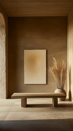 A tranquil interior showcases a low wooden table and a minimalist wall art piece complemented by a beige vase with dried grass creating a calm and inviting atmosphere.の素材