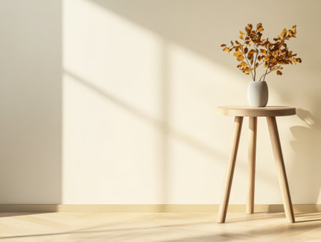 Sunlight streams through a window casting shadows on a minimalist room. A wooden table displays a vase holding dried autumn leaves creating a warm atmosphere.の素材