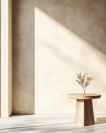 A serene indoor space showcases a simple wooden table holding dried flowers. Soft sunlight streams through a window highlighting the warm tones of the walls and floor.の素材