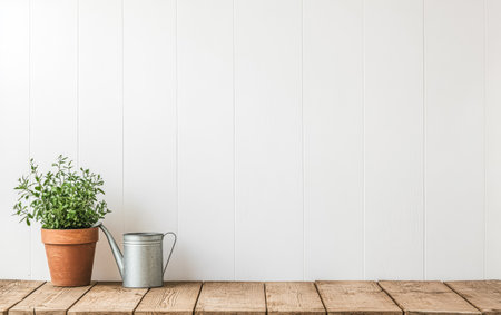 A terracotta pot holds a vibrant green plant next to a silver watering can on an aged wooden table. The background features a clean white wall creating a bright and fresh atmosphere.の素材