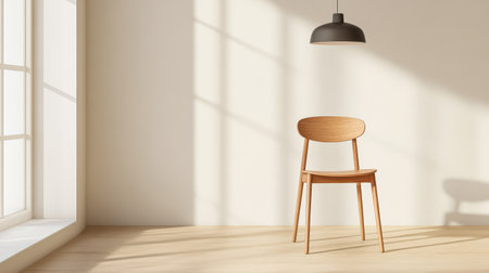 A wooden chair stands alone in a minimalist room illuminated by natural light coming through large windows casting soft shadows on the floor. The ambiance is calm and inviting.の素材