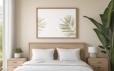A modern bedroom showcases a wooden bed frame with white bedding two bedside tables and a large artwork featuring palm leaves. Green plants add a touch of nature and calmness.の素材