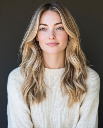 A young woman with long wavy blonde hair and a warm smile stands confidently against a dark backdrop. She wears a cozy white sweater creating a relaxed yet elegant vibe.の素材