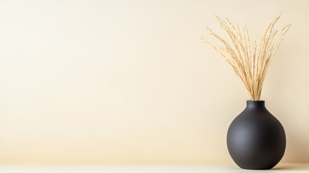 A black ceramic vase holds dried grass placed on a simple surface against a light-colored wall. This arrangement enhances modern interior decor aesthetics.の素材