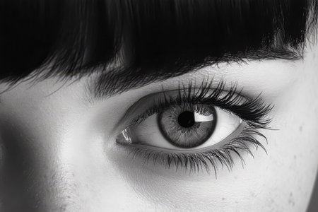 A striking close-up reveals a mesmerizing eye with unique patterns and lashes. The image captures the essence of expression and detail highlighting the beauty of the iris and eyelashes.の素材