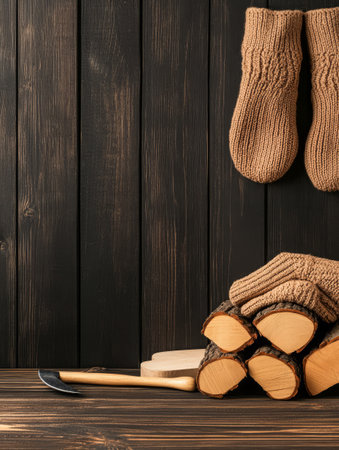 Cozy knitted gloves hang above neatly stacked firewood creating a warm and inviting atmosphere perfect for winter relaxation. The rustic wooden background adds charm.の素材