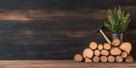 A neatly arranged stack of wood logs balances a small black pot containing a green plant alongside a hammer set against a dark wooden background creating a rustic decor feel.の素材