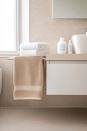 A clean bathroom features soft towels hanging by a sink. Various personal care products are arranged beside a modern bowl sink creating a calm and organized atmosphere.の素材