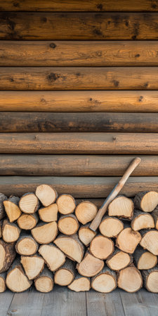 Piled neatly cut logs are stacked against a textured wooden wall with an axe resting on some of the wood suggesting preparation for a cozy fire or outdoor cooking.の素材