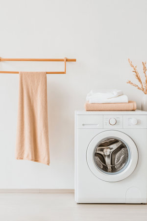 A bright laundry space showcases a sleek white washing machine next to a wooden rack holding a soft towel. Neatly stacked towels and dried foliage add a touch of warmth and simplicity.の素材