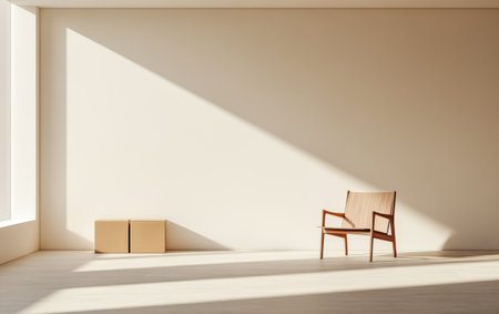 A wooden chair is positioned in a minimalist interior space with soft natural light streaming through large windows. Cardboard boxes sit nearby adding a touch of simplicity to the room.の素材