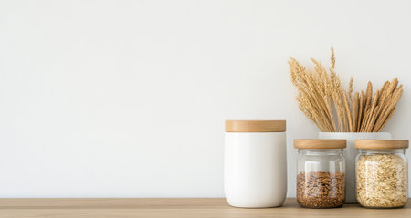 A minimalist kitchen countertop features glass jars filled with grains and seeds complemented by a decorative white container and dried wheat. The neutral backdrop enhances the serene atmosphere.の素材