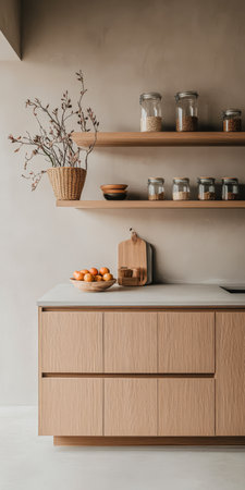 A contemporary kitchen area displays light wooden cabinetry and a minimalistic design. Shelves hold jars and a woven basket while a bowl of oranges adds a pop of color to the counter.の素材