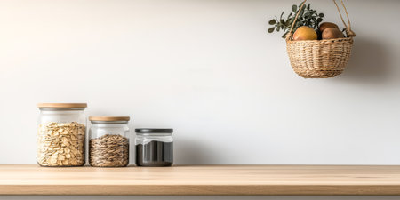 A modern kitchen shelf displays three jars filled with oats seeds and a dark substance. Above a woven basket hangs showcasing fresh oranges and sprigs of greenery adding a touch of nature.の素材