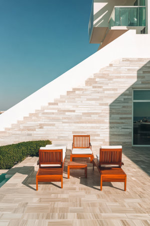 Three wooden lounge chairs sit near a swimming pool surrounded by a minimalist building and sunny sky. The smooth light-colored tiles lead up to a striking architectural feature.の素材