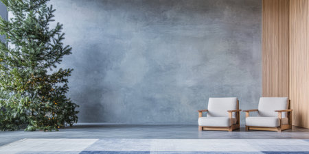 Spacious interior with two light-colored chairs beside a vibrant Christmas tree against a textured gray wall. The room showcases minimalist design with natural elements and a calm atmosphere.の素材