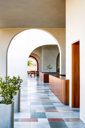 Light-filled corridor showcases elegant arches and polished tiles leading to a stylish dining area surrounded by greenery. The space features minimalistic decor and natural elements.の素材