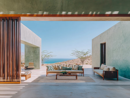 A stylish outdoor living area features comfortable seating facing the ocean. The contemporary design blends natural elements with modern architecture. A peaceful setting promotes relaxation.の素材