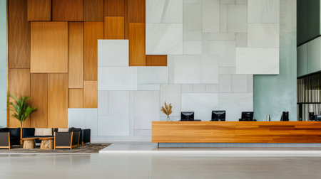 A spacious hotel lobby featuring a stylish wooden reception desk and a geometric wall design. Comfortable seating arrangements invite guests to relax and enjoy the ambiance.の素材