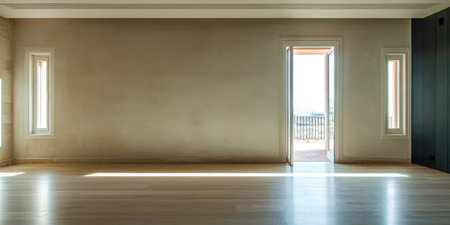 A bright minimalist interior showcases a large empty room featuring light wooden flooring. An open door reveals a view of the outdoors enhancing the airy atmosphere.の素材