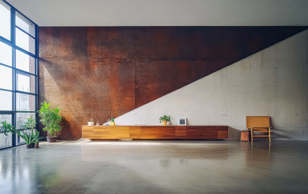 A minimalist interior showcases a large rust-colored wall contrasted by a clean light concrete surface. Wooden furniture and plants enhance the serene atmosphere in the contemporary space.の素材