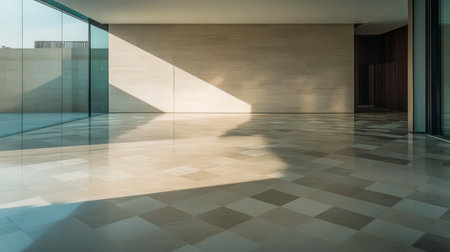A spacious area features polished stone floors and large glass walls allowing natural light to create intriguing shadows. The minimalist design emphasizes open space and tranquility.の素材