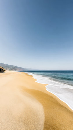 Soft golden sand stretches along the tranquil beach kissed by gentle waves under a clear blue sky. Mountains serve as a backdrop creating a peaceful atmosphere in the warm sunlight.の素材
