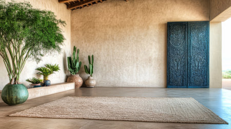 A tranquil indoor space features soft natural light illuminating a woven rug on a smooth floor. Potted plants and decorated walls add a touch of serenity to the modern design.の素材