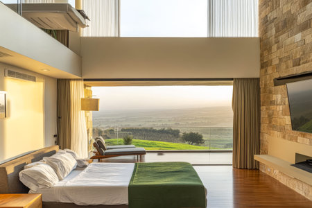 This elegant bedroom features a large window showcasing a breathtaking view of rolling hills and a sunrise. The interior combines modern design with natural elements providing a tranquil atmosphere.の素材