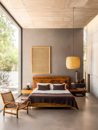 A stylish bedroom features a wooden bed with neutral bedding. Bright natural light floods in through large windows. Simple furniture complements the minimalist aesthetic creating a serene atmosphere.の素材