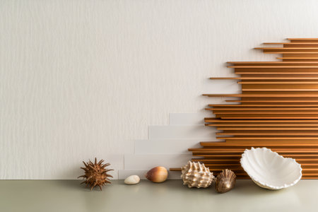 A creative display featuring various seashells and natural elements arranged against a textured wall complemented by wooden strips. This setup demonstrates coastal style and modern minimalism.の素材