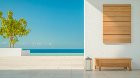 Bright coastal living area showcases a minimalist design with wooden accents. A clear blue ocean is visible through the open space creating a tranquil atmosphere perfect for relaxation.の素材