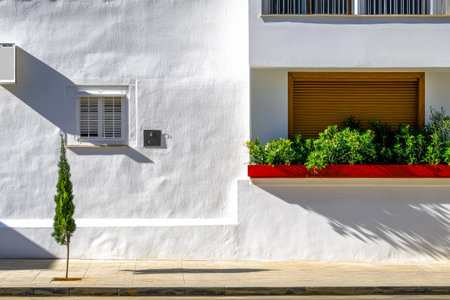 A sunny streetscape features a simple white wall adorned with a bright red planter filled with green plants. A small tree stands beside a window air conditioning unit highlighting urban living.の素材