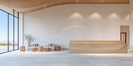A bright reception area features large windows letting in sunlight. The space has a minimalist design with a wooden reception desk comfortable seating and natural decor elements.の素材