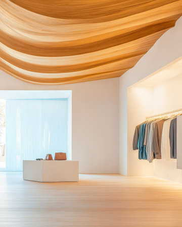 A spacious retail interior features a striking wooden ceiling design and minimalist displays.の素材