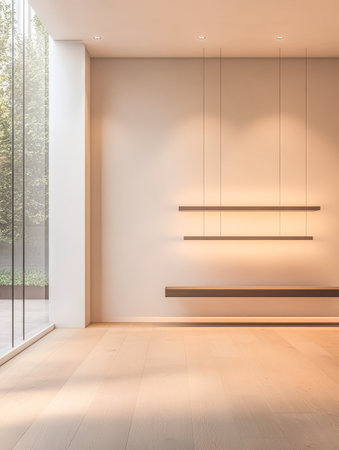 Bright and airy interior showcases sleek architecture with wooden accents. Abundant natural light filters through large glass panels highlighting the tranquility of the space.の素材