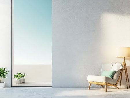 A cozy seating area features a light wooden chair a soft lamp and potted plants beside floor-to-ceiling windows showcasing a clear blue sky. The design reflects minimalism and tranquility.の素材