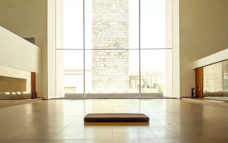 A serene meditation area features a simple wooden platform in front of a tall glass window. Sunlight streams in illuminating the stone tower in the background creating a peaceful atmosphere.の素材