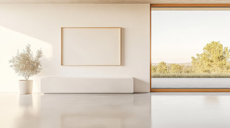 A spacious room showcases minimalist decor with a blank canvas on the wall. Soft sunlight floods the area through a large window revealing scenic greenery outside.の素材