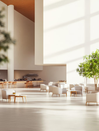 A modern interior space features large windows allowing natural light to flood in. Minimalist furniture includes cozy seating areas wooden tables and lush greenery creating a serene atmosphere.の素材