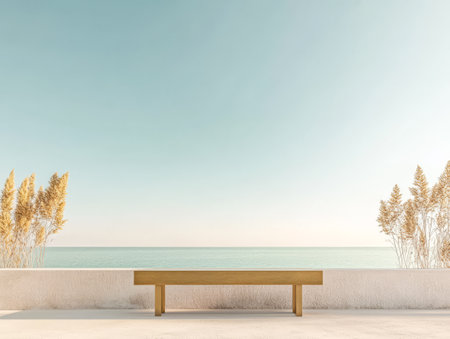 A wooden bench sits on a tranquil terrace overlooking the calm sea framed by tall grasses. The sky is clear creating a peaceful atmosphere perfect for relaxation.の素材