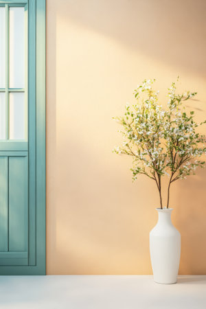 A bright interior showcases a white vase with delicate flowers positioned next to a light blue door. Natural light illuminates the soft peach wall creating a serene atmosphere.の素材