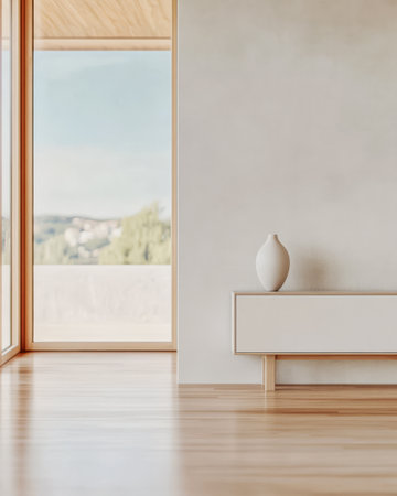 A spacious room showcases minimalist decor with wooden flooring large windows and a simple white vase on a sleek cabinet. Natural light floods in creating a peaceful atmosphere.の素材