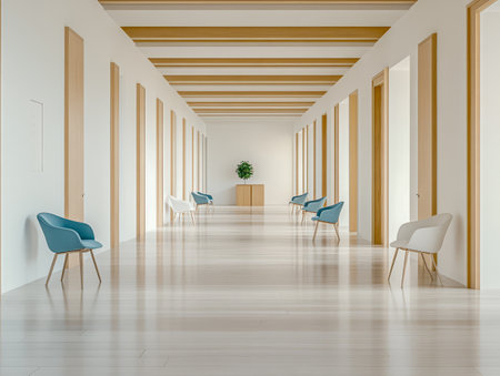 A spacious corridor showcases a sleek minimalist design with wooden beams and white walls. Stylish chairs in blue and white line the hallway complemented by a green plant at the end.の素材