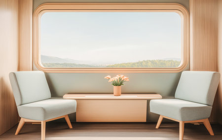 Two light blue chairs face a wooden table with a flower vase offering a welcoming atmosphere and a large window view of green hills under a clear sky.の素材