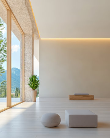 Bright spacious interior showcases a minimalist design. Large windows offer a panoramic view of the mountains while a potted plant adds a touch of nature. Soft lighting creates a calming ambience.の素材